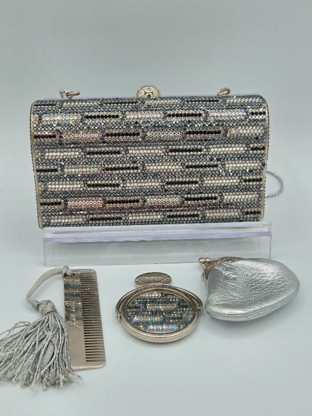 Judith Leiber Crystal Minaudière Clutch – Silver & Black Rhinestone Evening Bag